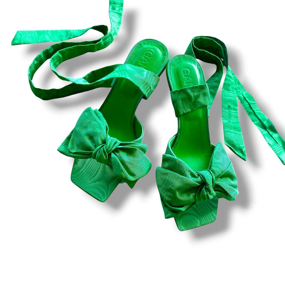 GANNI Heeled Bow Sandals EU 36 U S6 Island Green Ankle Tie Kitten Heel Open Toe